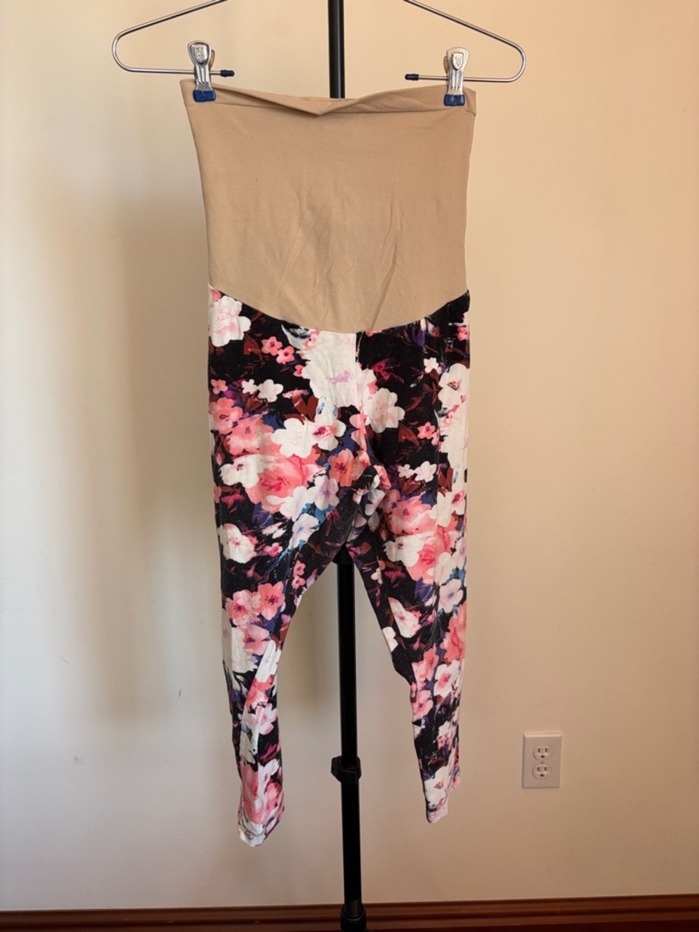 Motherhood Floral Maternity Leggings with Beige Fold-Over Panel